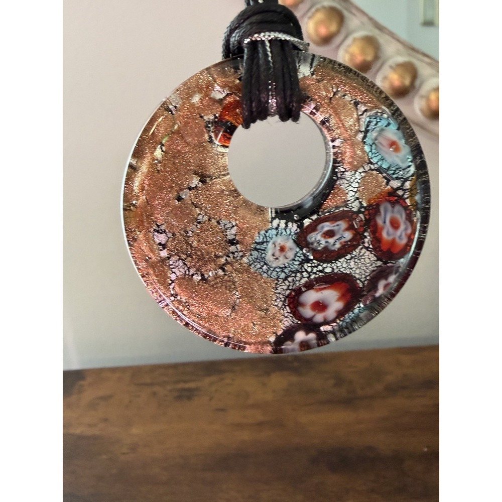 Italian Murano Style Millefiori Glass Pendant Gold Aventurine Necklace 2"‎ - Picture 3 of 8